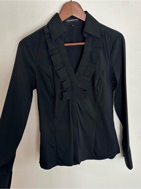 Express Design Studio - Women's Black Ruffle Trim Collared Blouse